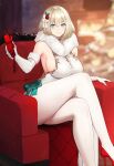  1girl bangs blonde_hair blue_eyes blurry blurry_background breasts chair china_dress chinese_clothes christmas commentary_request crossed_legs dress elbow_gloves fur_collar fur_trim furniture gift gloves hayabusa high_heels highres holding holding_gift large_breasts looking_at_viewer original red_footwear short_eyebrows short_hair sideboob sitting slit_pupils smile solo thick_eyebrows white_gloves 