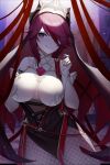 1girl :p absurdres ayu_(ayuyu0924) breasts detached_sleeves dress fingernails fishnet_legwear fishnets genshin_impact hair_over_one_eye half-closed_eyes hand_on_own_chest highres large_breasts licking_lips long_sleeves looking_at_viewer nun purple_hair rosaria_(genshin_impact) sharp_fingernails smile solo tongue tongue_out violet_eyes white_dress 