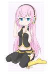  1girl absurdres belt black_legwear black_shirt black_skirt blue_eyes boots commentary crop_top frown furrowed_eyebrows gold_footwear gold_trim hand_in_hair hand_on_own_chest headphones highres knee_boots megurine_luka pink_hair shirt side_slit sitting skirt solo thigh-highs vocaloid wariza yuta1147 