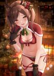  1girl :d antlers bikini black_gloves blurry bokeh bow breasts brown_hair capelet christmas christmas_tree cowboy_shot depth_of_field fang front-tie_bikini front-tie_top fur_trim gloves hair_bow hairband hand_up highres karu_(qqqtyann) long_hair looking_at_viewer medium_breasts navel open_mouth orange_eyes original red_bikini red_legwear reindeer_antlers santa_bikini side-tie_bikini smile solo standing stomach swimsuit thigh-highs thighs twintails 