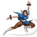  1girl boots bracelet breasts brown_hair china_dress chinese_clothes chun-li double_bun dress earrings fighting_stance jewelry kyoung_hwan_kim large_breasts martial_arts muscular pantyhose sash spiked_bracelet spikes street_fighter tied_hair white_footwear 