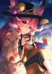  1girl animal_ear_fluff animal_ears blue_hair blush cleo_(dragalia_lost) commentary_request cup dragalia_lost dress eyebrows_visible_through_hair gradient_hair green_dress hat hat_ornament highres holding holding_cup jacket light light_smile long_hair long_sleeves looking_at_viewer mug multicolored_hair nakabayashi_zun nebula night night_sky overall_skirt purple_hair rabbit_ears raised_eyebrows shadow signature sitting skirt sky smile solo star_(sky) starry_sky steam very_long_hair violet_eyes watermark white_jacket yellow_skirt 