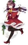  1girl black_legwear blush brown_gloves brown_hair cape crescent crescent_moon_pin eyebrows_visible_through_hair full_body gloves high_heels kantai_collection kisaragi_(kantai_collection) kusada_souta long_hair official_art open_mouth pom_pom_(clothes) red_cape red_footwear sack santa_costume smile solo thigh-highs transparent_background violet_eyes 