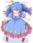  1girl :t animal_ears blue_dress blue_hair blush bobby_socks breasts closed_mouth collarbone commentary_request crescent_print dress ear_ornament eyebrows_visible_through_hair from_above frown full_body hair_between_eyes highres long_hair looking_at_viewer neko_mata petticoat pout puffy_short_sleeves puffy_sleeves rabbit_ears red_eyes red_footwear seiran_(touhou) short_sleeves small_breasts socks solo standing star_(symbol) star_print touhou twintails v-shaped_eyebrows white_legwear 