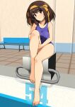  1girl absurdres bangs bare_shoulders breasts competition_swimsuit eyebrows_visible_through_hair hair_ornament hairband haruhisky highres looking_at_viewer medium_breasts medium_hair one-piece_swimsuit one_eye_closed shiny shiny_hair simple_background solo suzumiya_haruhi suzumiya_haruhi_no_yuuutsu swimsuit 