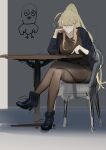  1girl absurdres bangs blonde_hair breasts cardigan crossed_legs dokshuri green_eyes highres large_breasts long_hair miniskirt pantyhose ponytail sitting sketch skirt solo sweater table 