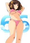  1girl absurdres bangs bare_arms bare_legs bare_shoulders barefoot bikini breasts brown_eyes brown_hair eyebrows_visible_through_hair hair_ornament hairband haruhisky highres lying medium_breasts on_stomach shiny shiny_hair solo striped striped_bikini suzumiya_haruhi suzumiya_haruhi_no_yuuutsu swimsuit thighs 