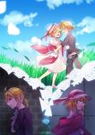  1boy 1girl aryuma772 black_shirt blonde_hair blue_flower blue_rose blue_sky blush commentary countdown crying crying_with_eyes_open day dress field flower glowing grass hat highres holding holding_paper imagining kagamine_len kagamine_rin open_mouth paper pink_dress rose shirt short_hair short_ponytail shuujin/kami_hikouki_(vocaloid) sky smile spiky_hair tears vocaloid 
