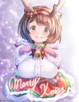  1girl absurdres antlers axxl_dtncy breasts brown_hair capelet christmas christmas_tree closed_eyes draph fur_trim gift granblue_fantasy highres horns merry_christmas oppai_loli red_capelet reindeer_antlers santa_costume short_hair smile solo yaia_(granblue_fantasy) 