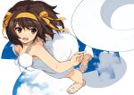  1girl bangs breasts brown_eyes brown_hair dress eyebrows_visible_through_hair hair_ornament haruhisky hat highres medium_breasts open_mouth shiny shiny_skin smile solo sun_hat suzumiya_haruhi suzumiya_haruhi_no_yuuutsu white_dress 