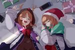  2girls absurdres animal_costume antlers blue_archive christmas christmas_present closed_eyes drooling game_console gift hair_ornament hat highres limb_sticking_out midori_(blue_archive) momoi_(blue_archive) multiple_girls nintendo_switch open_mouth orange_eyes reindeer_antlers reindeer_costume santa_hat sleeping turn-s 