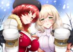  2girls alternate_costume beret black_gloves blush breasts brown_hair coffee_cup commentary copyright_name cup disposable_cup english_commentary eyes_visible_through_hair genshin_impact gloves green_eyes hat highres honkai_(series) honkai_impact_3rd large_breasts lion_space lisa_(genshin_impact) multiple_girls murata_himeko redhead seiyuu_connection snow sweater tanaka_rie tree white_sweater yellow_eyes 