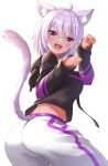  1girl :3 :d ahoge ako_suke animal_ear_fluff animal_ears ass cat_ears cat_tail cowboy_shot fang from_behind highres hololive hood hood_down hoodie long_sleeves looking_at_viewer looking_back nekomata_okayu open_mouth pants paw_pose purple_hair short_hair simple_background smile solo tail violet_eyes virtual_youtuber white_background 