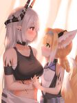  2girls animal_ears arknights armband bandages bangs bare_arms bare_shoulders black_choker blonde_hair blue_hairband breasts choker commentary_request crop_top eyebrows_visible_through_hair fox_ears fox_tail from_side green_eyes hairband highres horns large_breasts long_hair looking_at_another midriff mudrock_(arknights) multiple_girls oripathy_lesion_(arknights) pointy_ears profile red_eyes sarashi silver_hair sleeveless small_breasts smile sports_bra stomach suzuran_(arknights) tail upper_body yuetsu yuri 