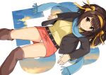  1girl belt boots breasts brown_eyes brown_footwear brown_hair buttons coat hairband haruhisky highres medium_breasts miniskirt open_clothes scarf short_hair simple_background skirt solo suzumiya_haruhi suzumiya_haruhi_no_yuuutsu thigh-highs thigh_boots winter_clothes 