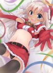  1girl alternate_costume ass_visible_through_thighs belt black_legwear black_panties blonde_hair blue_eyes blurry blurry_foreground blush breasts capelet christmas commentary_request crop_top depth_of_field elbow_gloves flower fur_trim gift gloves hair_flower hair_ornament hat highres kantai_collection long_hair looking_at_viewer midriff navel one-piece_tan open_mouth outstretched_arm outstretched_arms outstretched_hand panties red_gloves ro-500_(kantai_collection) sack santa_costume santa_hat skirt smile solar_milk solo tan tanline thigh-highs underwear 