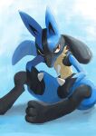  brown_eyes closed_mouth gen_4_pokemon ikei looking_to_the_side lucario mixed-language_commentary paws pokemon pokemon_(creature) signature sitting solo spikes toes yellow_fur 