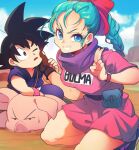  1girl 2boys animal annoyed bare_legs belt black_eyes black_footwear black_hair blue_eyes blue_hair blue_sky blurry blurry_background braid braided_ponytail breasts brown_belt brown_gloves bulma character_name cheek_pull clenched_teeth clothes_writing clouds cloudy_sky day dirt dougi dragon_ball dragon_ball_(classic) dress elbow_rest eyelashes facing_viewer fanny_pack floor frown gloves grin hair_ribbon hand_on_another&#039;s_cheek hand_on_another&#039;s_face hand_on_another&#039;s_head hand_up kneeling large_breasts looking_at_another looking_at_viewer mountain multiple_boys neckerchief ommmyoh one_eye_closed oolong outdoors parted_lips pig pink_dress purple_neckwear red_ribbon ribbon salute shiny shiny_hair short_dress short_sleeves single_glove sky smile son_goku spiky_hair sweatdrop tareme teeth twitter_username v-shaped_eyebrows watch watch wristband 