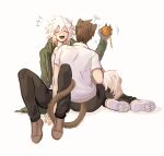 2boys :d ahoge animal_ears bangs brown_footwear brown_hair brown_pants cat_ears cat_tail closed_eyes commentary dangan_ronpa_(series) dangan_ronpa_2:_goodbye_despair dog_tail english_commentary facing_viewer flying_sweatdrops gabby_(moochisun) green_jacket grey_background hand_up happy highres holding jacket komaeda_nagito long_sleeves male_focus messy_hair multiple_boys open_clothes open_mouth pants shirt short_hair simple_background sitting smile squiggle tail upper_teeth white_hair white_shirt 