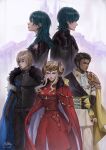  2girls 3boys armor back-to-back blonde_hair brown_hair byleth_(fire_emblem) byleth_eisner_(female) byleth_eisner_(male) cape castle claude_von_riegan cravat dark_skin dark_skinned_male dimitri_alexandre_blaiddyd dual_persona edelgard_von_hresvelg eyepatch fire_emblem fire_emblem:_three_houses fur_trim gauntlets gloves green_hair highres horned_headwear lisa_buijteweg looking_at_viewer multiple_boys multiple_girls serious silver_hair standing tiara 