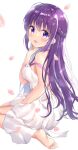  1girl :d amedamacon bangs bare_arms bare_shoulders barefoot blush braid breasts commentary_request dress eyebrows_visible_through_hair gochuumon_wa_usagi_desu_ka? hair_between_eyes hand_up highres looking_at_viewer looking_back medium_breasts open_mouth petals purple_hair simple_background sitting smile soles solo tedeza_rize violet_eyes wariza white_background white_dress 