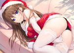  1girl arm_between_legs ass bangs bare_shoulders bed between_legs black_panties blue_eyes boku_no_kanojo_sensei breasts brown_hair choker christmas christmas_dress commentary_request dress earrings elbow_gloves eyebrows_visible_through_hair finger_to_mouth fujiki_maka fur_trim gloves grin hat jewelry long_hair looking_at_viewer lying medium_breasts on_bed on_side oryou panties parted_lips pillow red_dress red_headwear santa_hat short_dress smile solo strapless strapless_dress thigh-highs underwear white_gloves white_legwear 