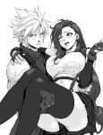  1boy 1girl artist_name blonde_hair blue_eyes breasts carrying cloud_strife final_fantasy final_fantasy_vii final_fantasy_vii_remake gloves happy highres holding holding_another large_breasts light_blush long_hair looking_away midriff one_eye_closed princess_carry red_eyes shy signature spiky_hair sports_bra spykeee1945 tank_top thigh-highs tied_hair tifa_lockhart uniform white_background 