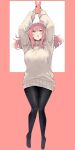  1girl black_legwear blush border breasts full_body green_eyes grey_sweater hands_up highres holding holding_phone large_breasts long_hair long_sleeves looking_up nekoume no_shoes open_mouth original pantyhose phone red_border redhead smartphone_case solo sweater white_background 