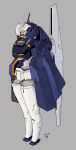  cloak dated green_eyes grey_background gundam highres looking_down mecha moi_moi7 no_humans original science_fiction solo v-fin 