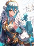  1girl alternate_costume azura_(fire_emblem) bangs blue_hair blush breasts closed_mouth commentary_request dress eyebrows_visible_through_hair fire_emblem fire_emblem_fates fire_emblem_heroes flower hair_between_eyes hair_flower hair_ornament hair_tubes headdress highres ice jewelry long_hair looking_at_viewer medium_breasts nakabayashi_zun necklace rose signature smile solo strapless strapless_dress tree tree_branch very_long_hair white_flower white_rose yellow_eyes 