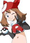  1girl bandana blue_eyes breasts brown_hair closed_mouth cosplay elbow_gloves gloves hainchu holding jessie_(pokemon) jessie_(pokemon)_(cosplay) long_hair looking_at_viewer may_(pokemon) midriff navel poke_ball pokemon pokemon_(game) pokemon_rse simple_background smile solo white_background 