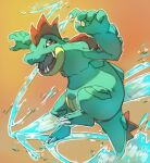  brown_background claws commentary creature english_commentary fangs feraligatr full_body gen_2_pokemon jumping looking_at_viewer no_humans open_mouth pinkgermy pokemon pokemon_(creature) simple_background solo water 