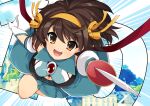  1girl bangs breasts brown_eyes brown_hair eyebrows_visible_through_hair hair_ornament hairband haruhisky highres holding holding_sword holding_weapon short_hair simple_background smile solo suzumiya_haruhi suzumiya_haruhi_no_yuuutsu sword weapon yellow_hairband 