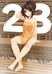  1girl absurdres arm_support arm_up bangs bare_shoulders barefoot brown_eyes brown_hair eyebrows_visible_through_hair haruhisky highres looking_at_viewer naked_towel shiny shiny_skin sitting solo suzumiya_haruhi suzumiya_haruhi_no_yuuutsu tied_hair towel 