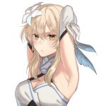  1girl armpits arms_up bangs bare_shoulders blonde_hair blush breasts detached_sleeves dress flower frown furrowed_eyebrows genshin_impact hair_between_eyes hair_flower hair_ornament highres hsteetee looking_at_viewer lumine_(genshin_impact) medium_breasts white_dress yellow_eyes 