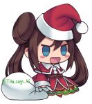  1girl bangs belt blue_eyes blush_stickers brown_belt brown_hair capelet christmas commentary double_bun hat holding holding_sack long_hair lowres open_mouth padoru pokemon pokemon_(game) pokemon_masters_ex red_capelet red_headwear rosa_(pokemon) sack santa_hat sidelocks smile solo tifa-amakura tongue twintails white_background 