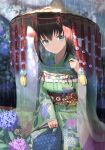  1girl absurdres amigasa aqua_eyes bag bangs black_hair blurry blurry_background breasts closed_mouth commentary_request flower green_kimono hat highres holding holding_bag huge_filesize japanese_clothes kimono leaf looking_at_viewer medium_breasts obi original outdoors rain sash sidelocks sitting smile snail solo veil wander00317_(akihirotanisi) water_drop wide_sleeves 