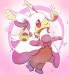  audino closed_mouth commentary creature english_commentary full_body gen_5_pokemon looking_at_viewer mega_audino mega_pokemon no_humans pink_background pink_theme pokemon pokemon_(creature) simple_background smile solo sparkle standing 