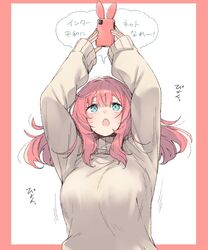  1girl blush border breasts green_eyes grey_sweater hands_up holding holding_phone large_breasts long_hair long_sleeves looking_up nekoume open_mouth original outside_border phone red_border redhead smartphone_case solo sweater translation_request upper_body white_background 