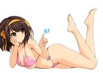  1girl bangs bare_arms bare_legs bare_shoulders barefoot bikini breasts brown_eyes brown_hair eyebrows_visible_through_hair hair_ornament hairband haruhisky highres lying medium_breasts on_stomach shiny shiny_hair solo striped striped_bikini suzumiya_haruhi suzumiya_haruhi_no_yuuutsu swimsuit thighs 