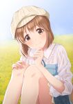  1girl absurdres beanie blush bob_cut brown_hair dress hagiwara_yukiho hat highres idolmaster idolmaster_million_live! idolmaster_million_live!_theater_days knees_up meadow short_hair sitting smile solo yukipo_p_(ss900yellowducati) 