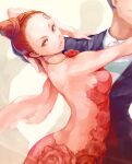  1boy 1girl ballroom_e_youkoso brown_eyes dancing dress formal hair_up hiyama_chinatsu long_hair looking_at_viewer narunosuke red_dress red_eyes redhead suit 