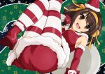  1girl ankle_boots bangs boots breasts brown_eyes brown_hair eyebrows_visible_through_hair fur_trim hair_ornament haruhisky hat highres looking_at_viewer lying medium_breasts on_back santa_hat shiny shiny_skin skirt smile solo striped striped_legwear suzumiya_haruhi suzumiya_haruhi_no_yuuutsu thigh-highs 