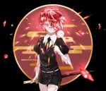  1boy artist_name black_background black_neckwear black_shorts colored_skin commentary crystal_hair egasumi fukase gem_uniform_(houseki_no_kuni) gloves highres houseki_no_kuni male_focus necktie nu_nu_s2 parody point_(vocaloid) red_eyes redhead shards shorts simple_background solo sword vocaloid weapon white_gloves white_skin 