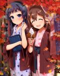  2girls anko222g blue_eyes blush brown_hair closed_eyes commentary_request cowboy_shot hair_ornament hairclip highres idolmaster idolmaster_million_live! idolmaster_million_live!_theater_days japanese_clothes kasuga_mirai kimono leaf long_hair looking_at_viewer maple_leaf mogami_shizuka multiple_girls print_kimono sash short_hair wide_sleeves yukata 