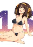  1girl absurdres arm_support bangs bare_shoulders bikini black_bikini brown_eyes brown_hair eyebrows_visible_through_hair hair_ornament haruhisky highres looking_at_viewer one_eye_closed shiny shiny_skin sitting smile solo suzumiya_haruhi suzumiya_haruhi_no_yuuutsu swimsuit 