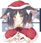  1girl animal_ear_fluff animal_ears bangs bell black_hair blush bow brown_hair capelet christmas commentary_request daidai_ookami eyebrows_visible_through_hair fur-trimmed_capelet fur-trimmed_headwear fur_trim hands_together hands_up hat jingle_bell multicolored_hair open_mouth original own_hands_together parted_bangs red_bow red_capelet red_headwear santa_hat solo streaked_hair upper_body yellow_eyes 