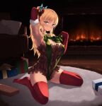  1girl arm_up armpits bangs bare_shoulders bell blonde_hair blue_eyes boku_wa_tomodachi_ga_sukunai bow box breasts butterfly_hair_ornament cait_aron carpet christmas commentary couch elbow_gloves english_commentary fire fireplace full_body fur-trimmed_gloves fur_trim gift gift_box gloves green_ribbon hair_bell hair_bow hair_ornament highres indoors jingle_bell kashiwazaki_sena large_breasts long_hair looking_at_viewer pillow ponytail red_bow red_gloves red_legwear ribbon sitting solo thigh-highs wariza 