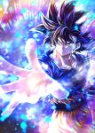  1boy black_hair blue_shirt bruise bruise_on_face closed_mouth collarbone dragon_ball dragon_ball_super grey_eyes injury long_hair male_focus mattari_illust orange_pants outstretched_arm outstretched_hand shirt short_sleeves solo son_goku spiky_hair standing torn_clothes torn_shirt ultra_instinct v-shaped_eyebrows 