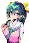  1girl :&gt; bangs breasts dohna_dohna glasses green_eyes green_hair green_neckwear hair_between_eyes hair_ornament hair_ribbon hairclip large_breasts long_hair medico_(dohna_dohna) neckerchief ponytail ribbon sailor_collar short_sleeves shunin simple_background smile solo sweater_vest upper_body white_background 